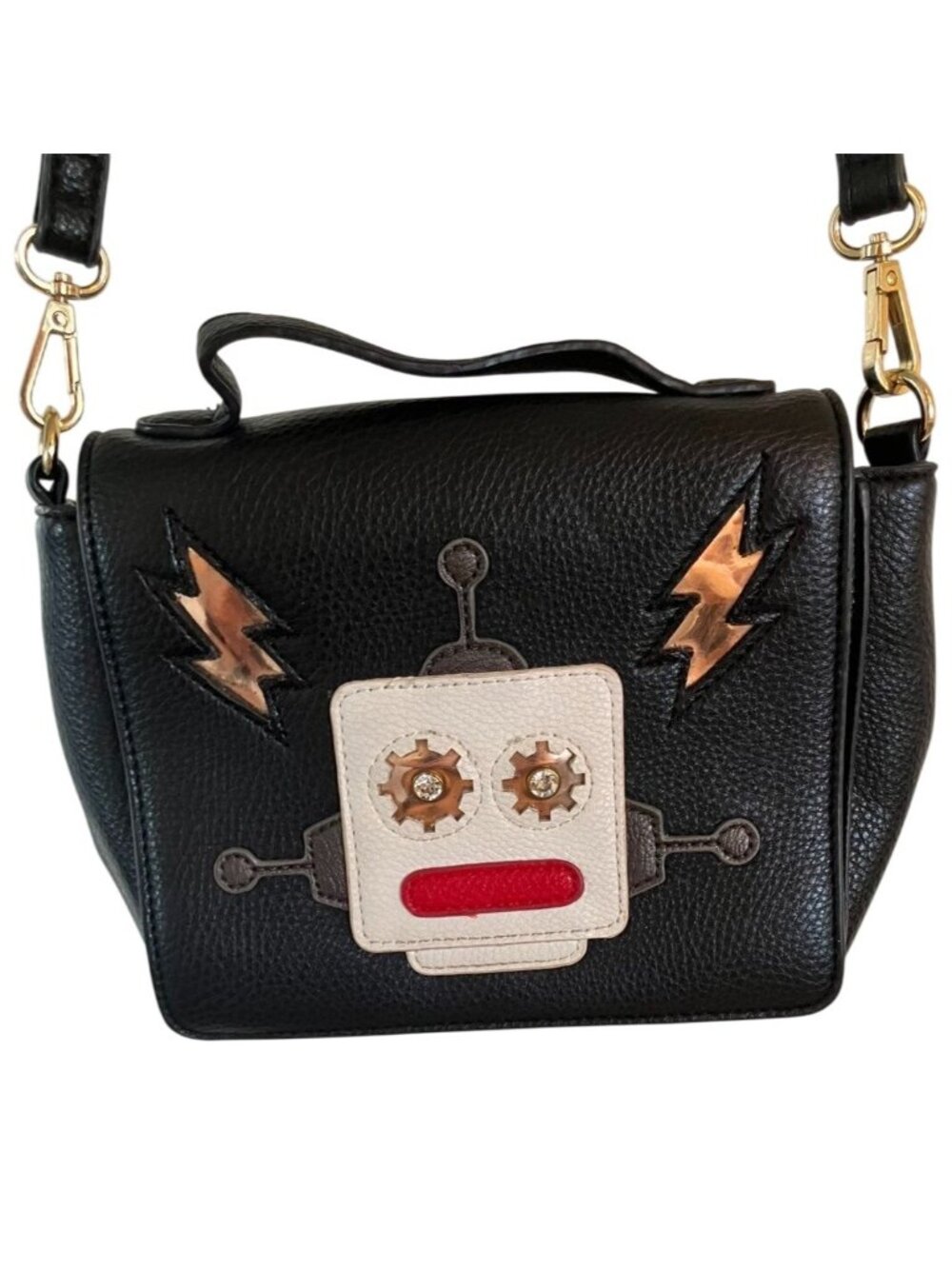 Charming Charlie Robot Face Black Faux Leather Crossbody Bag